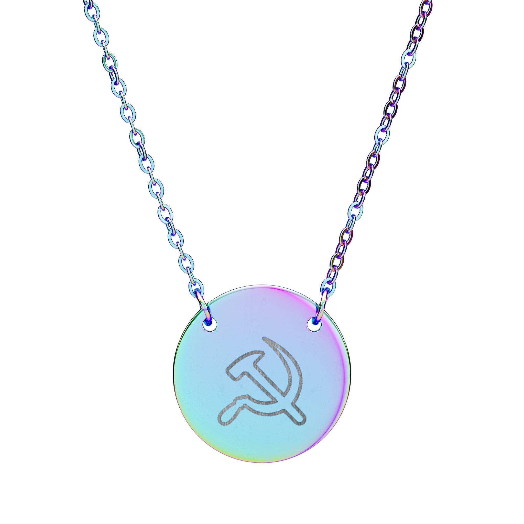 Engraved Hammer & Sickle Circle Necklace — Communist Symbol Pendant