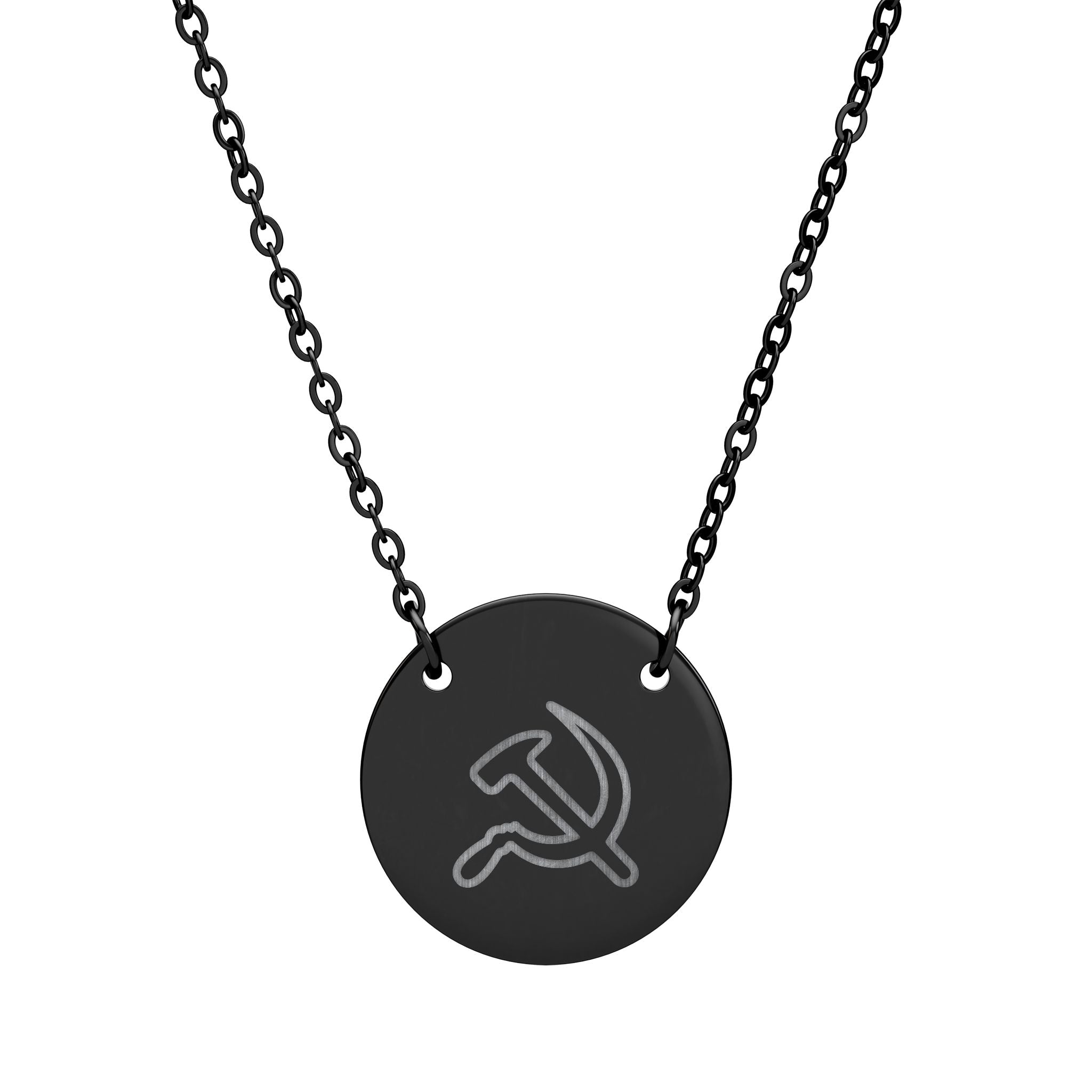Engraved Hammer & Sickle Circle Necklace — Communist Symbol Pendant