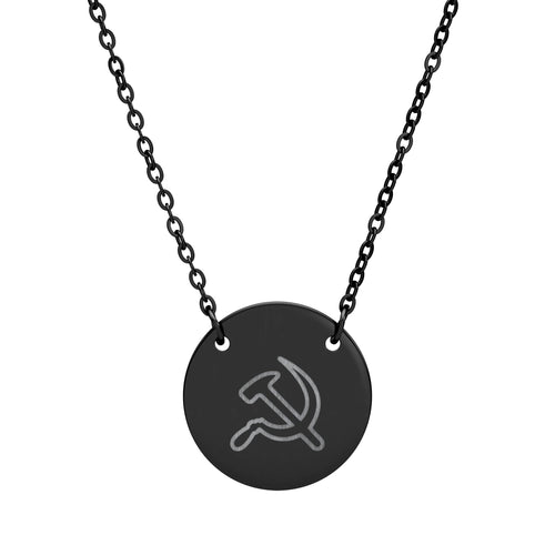 Engraved Hammer & Sickle Circle Necklace — Communist Symbol Pendant