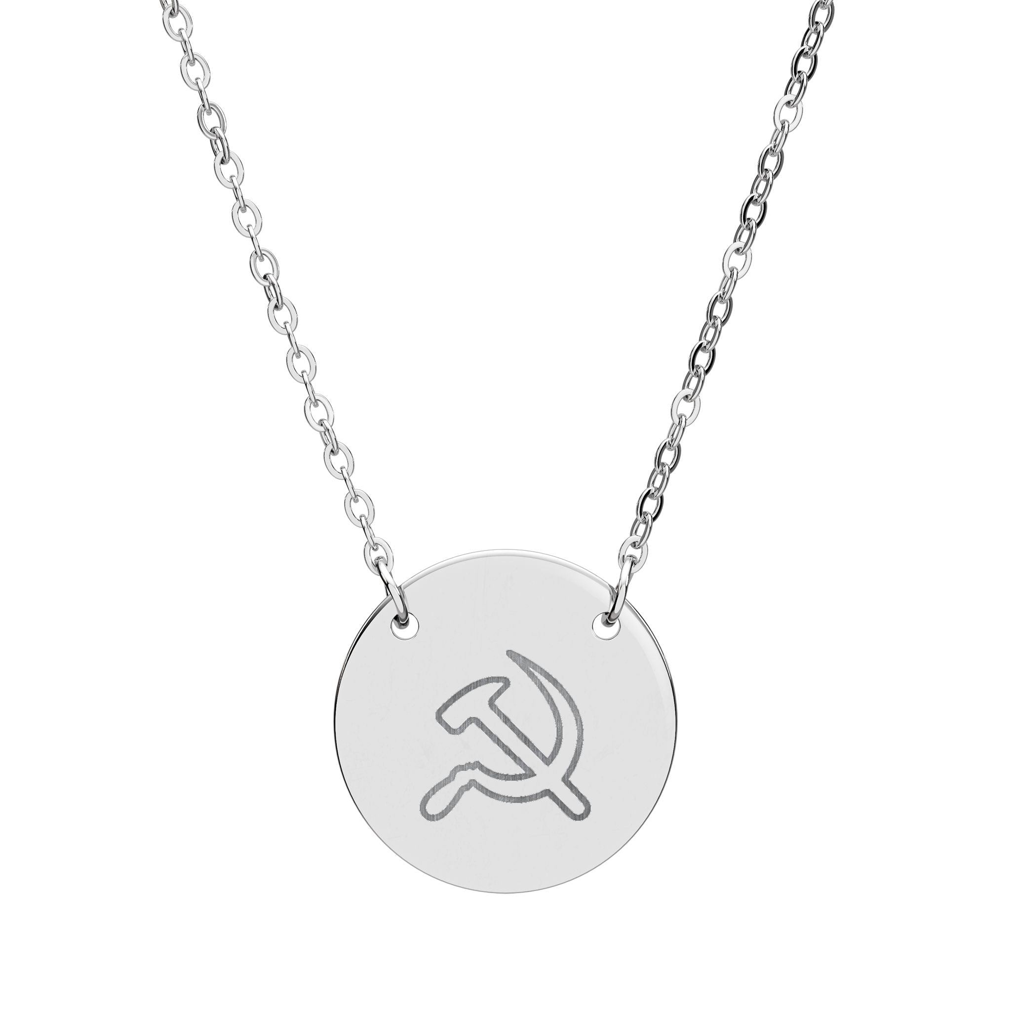 Engraved Hammer & Sickle Circle Necklace — Communist Symbol Pendant