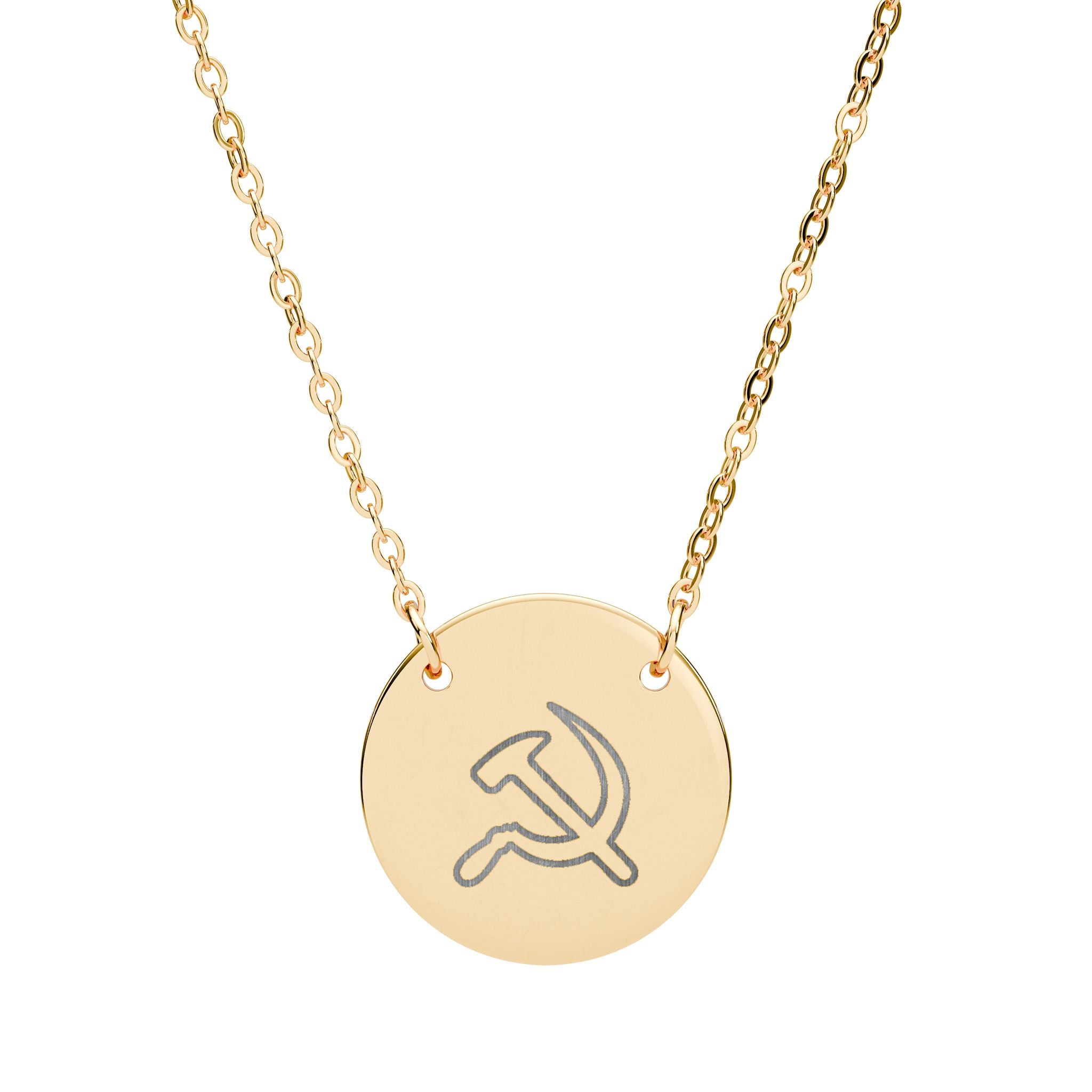 Engraved Hammer & Sickle Circle Necklace — Communist Symbol Pendant