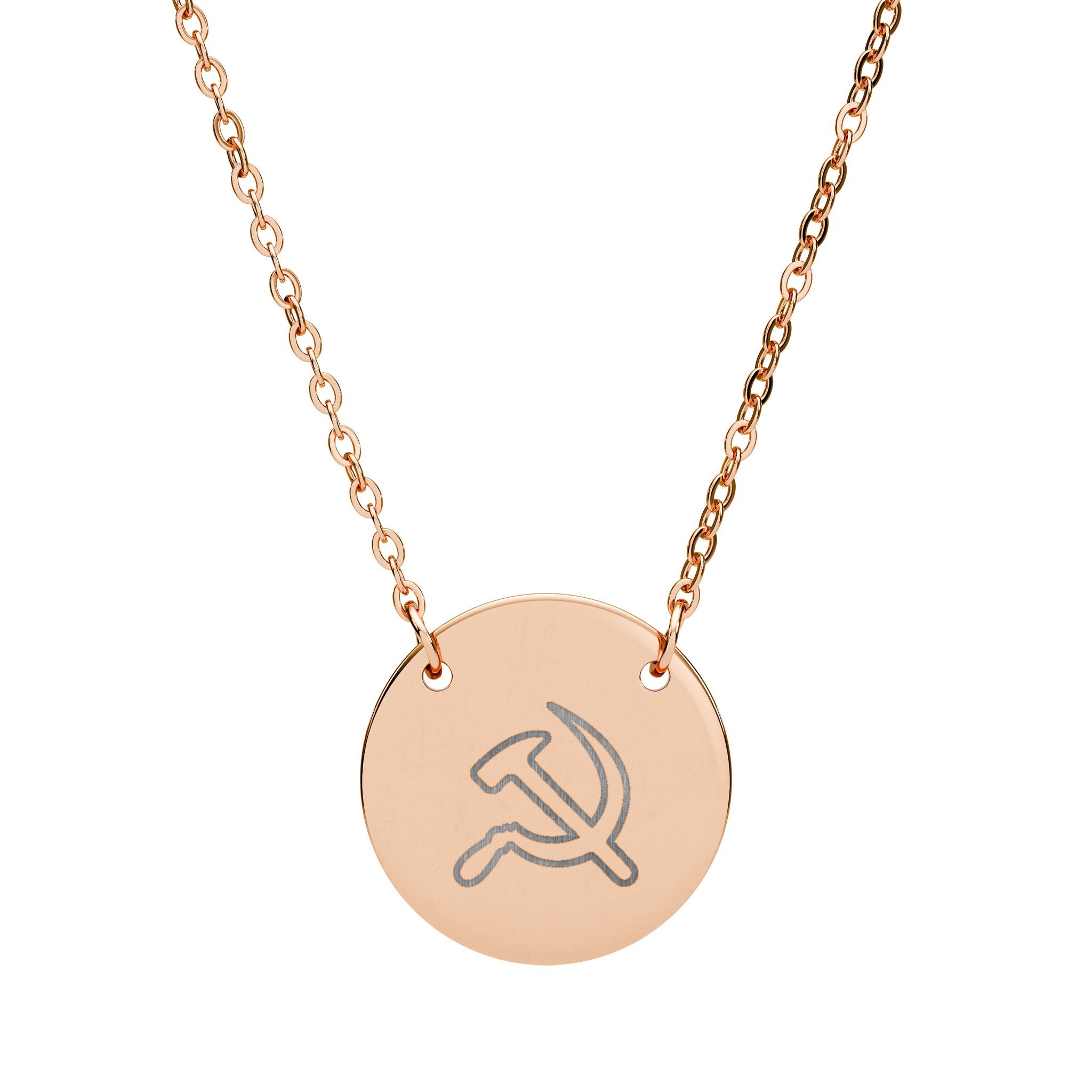 Engraved Hammer & Sickle Circle Necklace — Communist Symbol Pendant